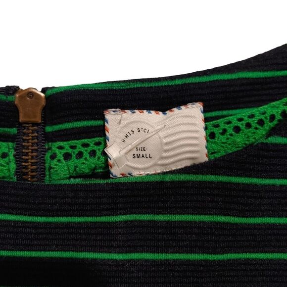 Anthropologie Postmark Lace Sleeve Stripe Tunic Top Green Navy Small - Picture 5 of 7